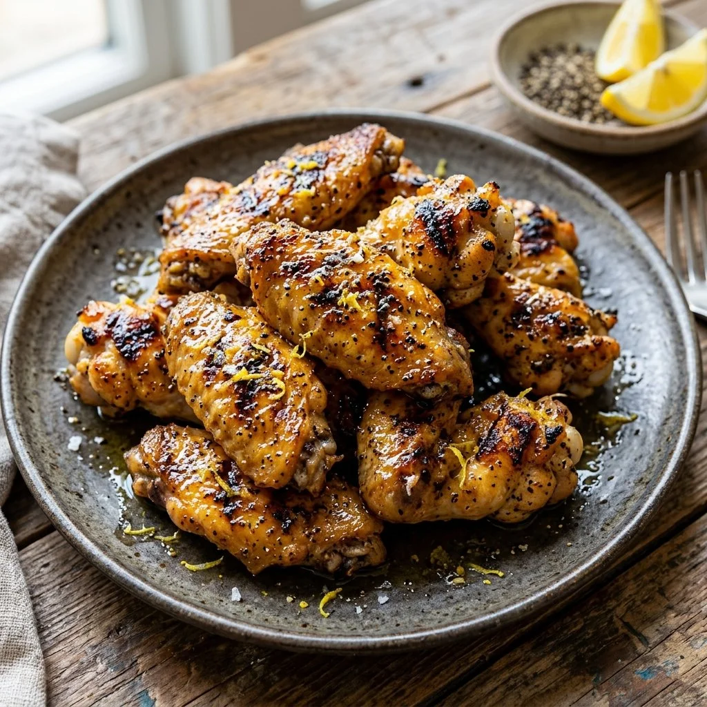 Lemon pepper grilled wings with golden seasoning on a platter