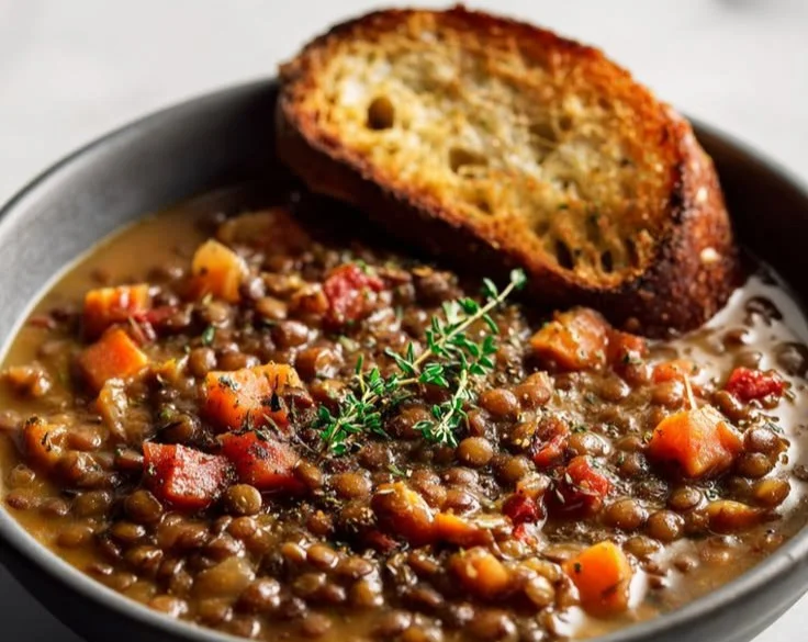 Delicious bowl of lentil stew with vegetables and spices