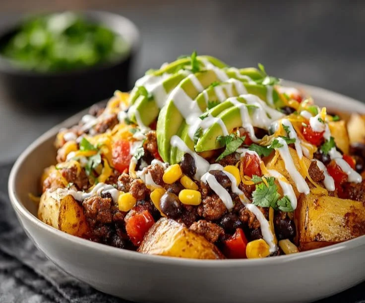 A scrumptious Loaded Potato Taco Bowl filled with crispy potatoes and fresh toppings.