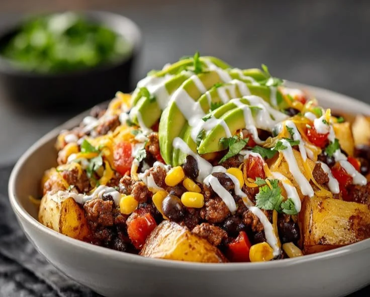 Loaded Potato Taco Bowl garnished with toppings and served in a bowl