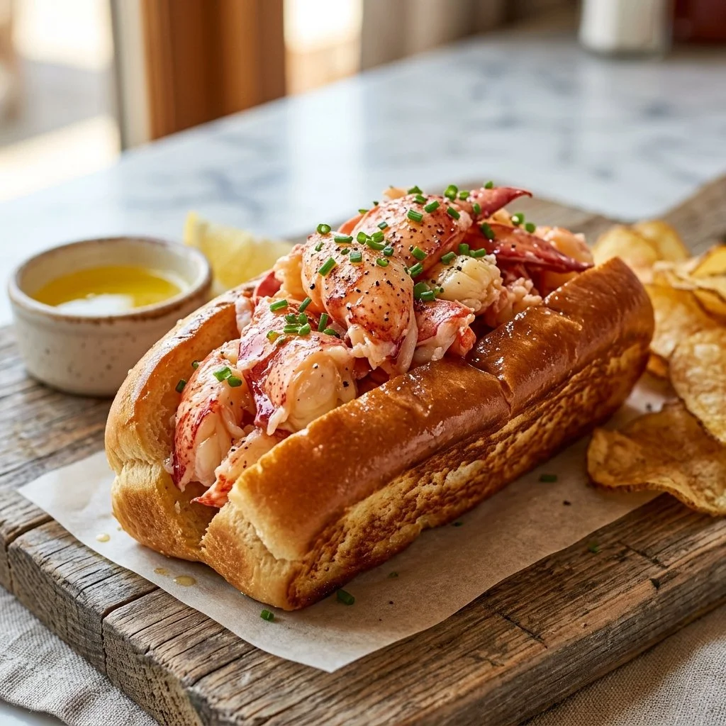 Delicious lobster roll with fresh lobster meat in a buttery bun