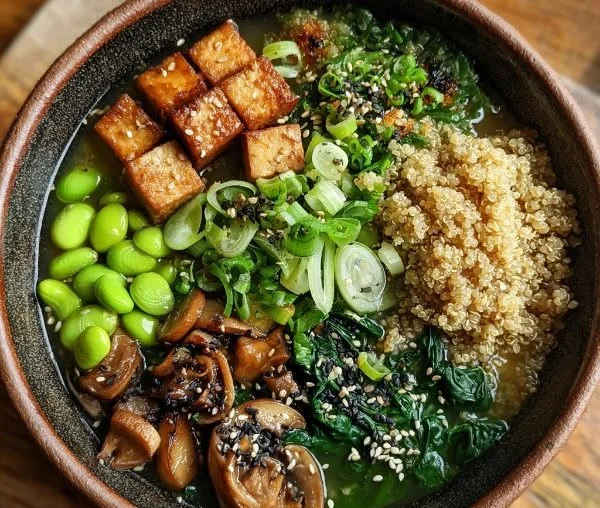 High-protein Longevity Miso Bowl garnished with fresh vegetables and toppings
