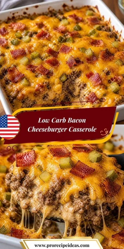 Low-Carb Bacon Cheeseburger Casserole topped with melted cheese and bacon