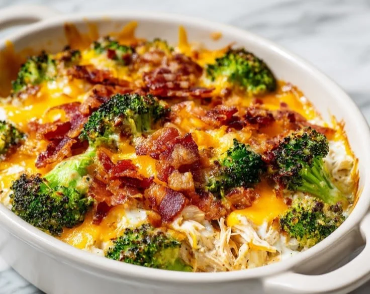 Low-carb creamy chicken casserole topped with cheese and herbs