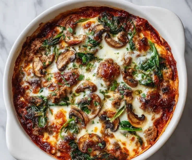 Low-carb crustless pizza bowl topped with fresh ingredients