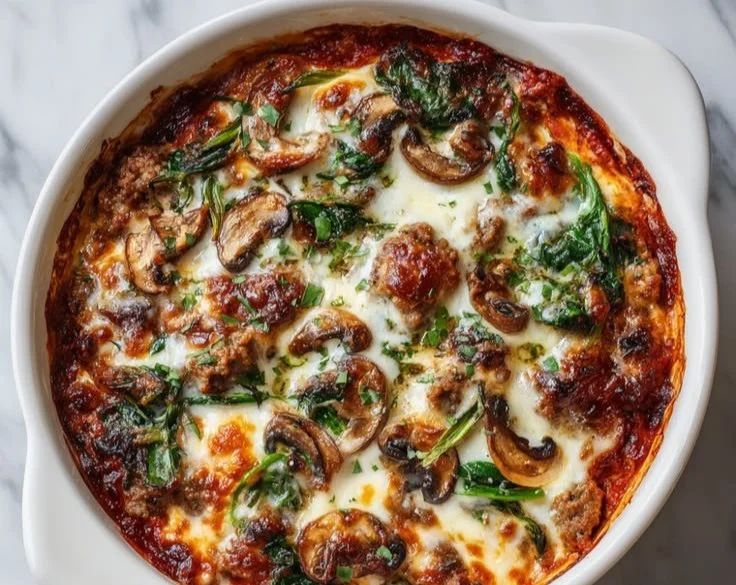 Low-carb crustless pizza bowl topped with cheese and vegetables