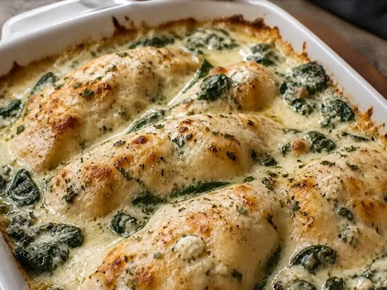 Low-carb spinach ricotta chicken bake on a plate garnished with fresh herbs.