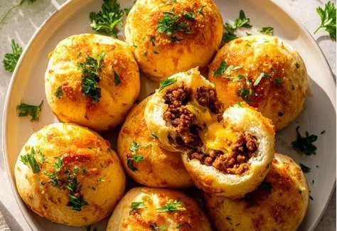Cheeseburger bombs filled with garlic parmesan on a plate