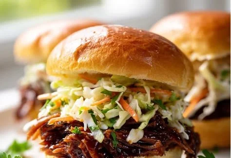 Hearty BBQ sliders with slaw served on soft brioche buns