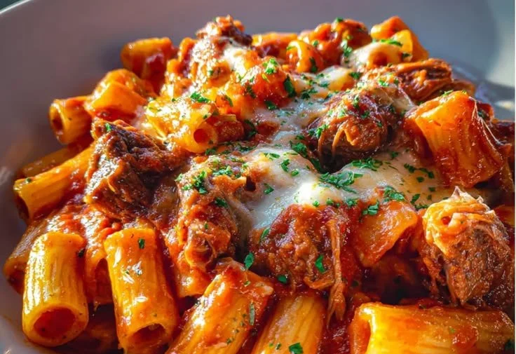 Delicious homemade Chuck Roast Pasta Bake served in a casserole dish