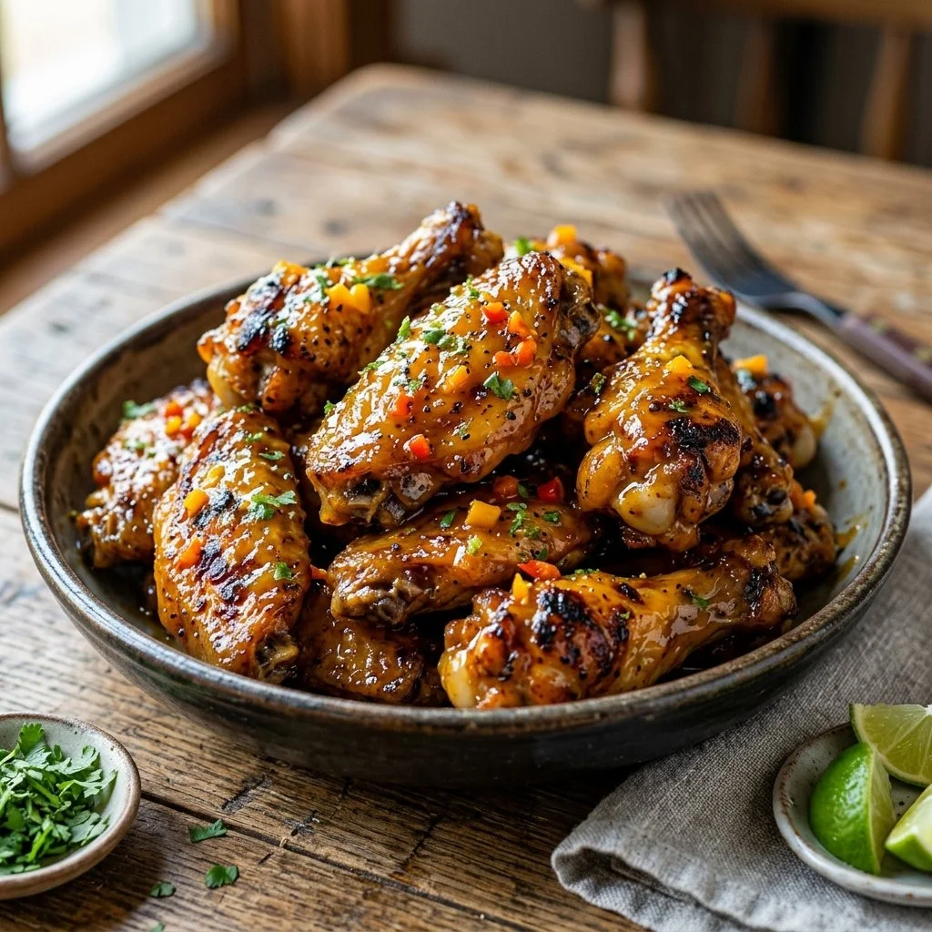 Plate of delicious Mango Habanero Chicken Wings with vibrant colors