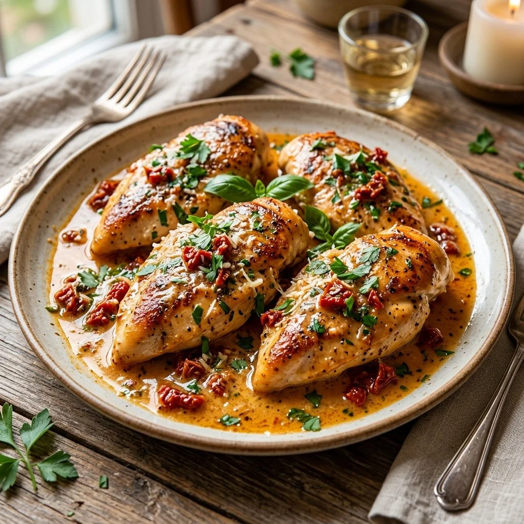 Delicious Marry Me Chicken served with pasta and garnished with herbs