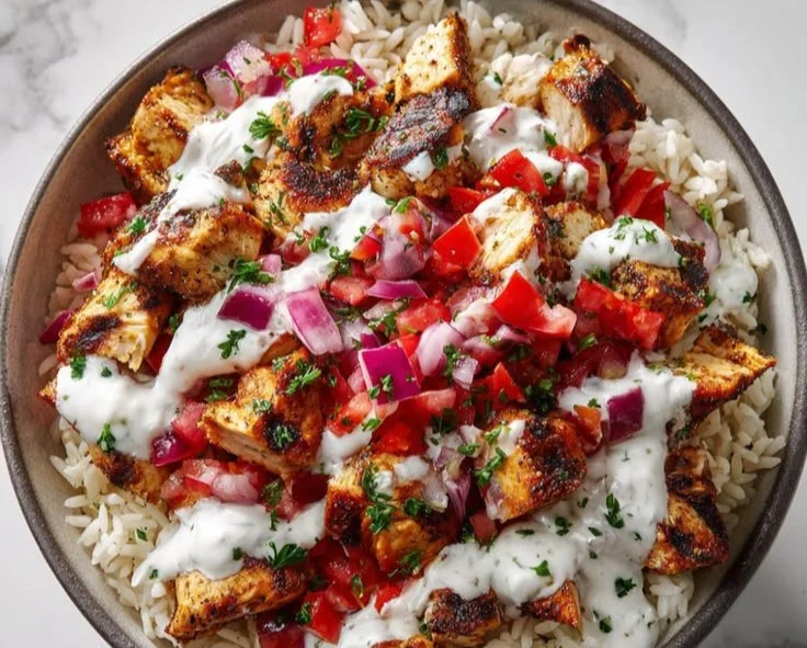 Mediterranean Chicken Gyro bowl with fresh vegetables and sauce