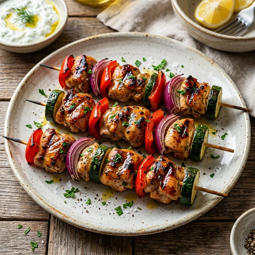 Grilled Mediterranean chicken kabobs with colorful vegetables