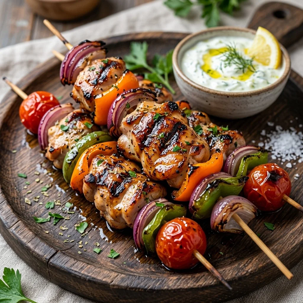 Delicious Mediterranean Chicken Kabobs sizzling on the grill.