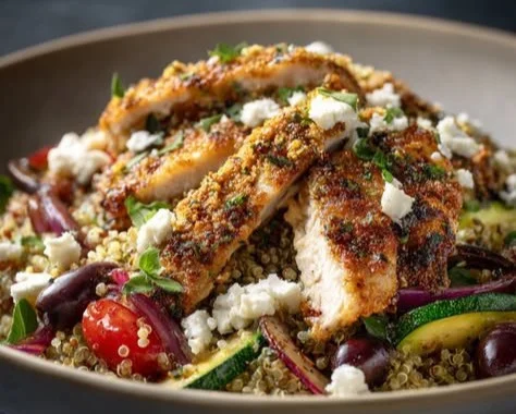 Healthy Mediterranean chicken quinoa bowls topped with fresh vegetables