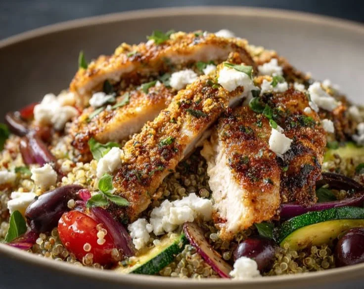 Delicious Mediterranean Chicken Quinoa Bowl topped with fresh veggies and herbs.