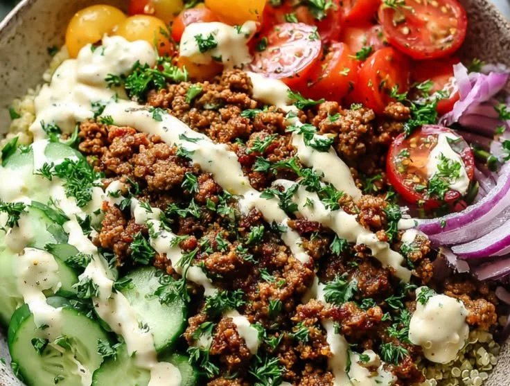 Delicious Mediterranean Ground Turkey Bowl with fresh ingredients