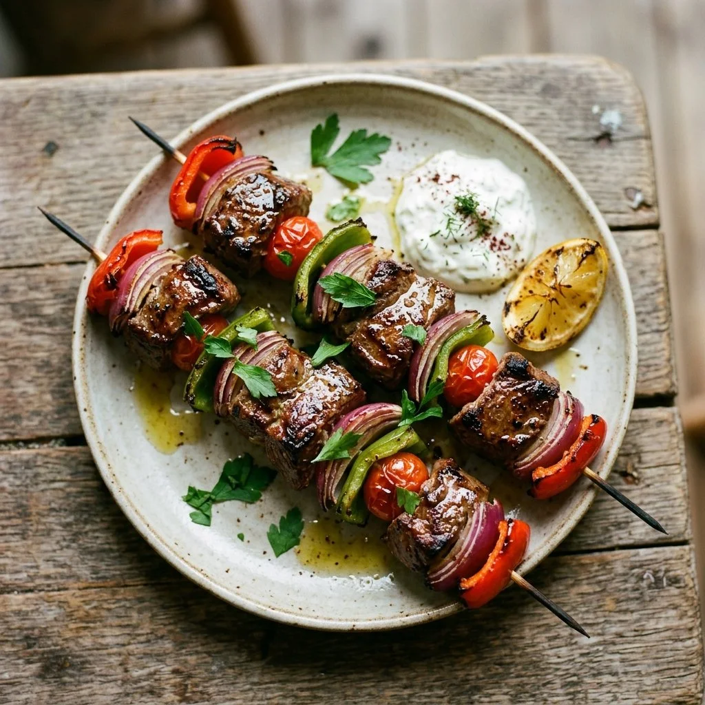 Grilled Mediterranean lamb kabobs with vegetables and spices