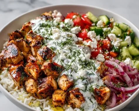 Mediterranean Lemon-Dill Chicken Bowls with fresh vegetables and quinoa