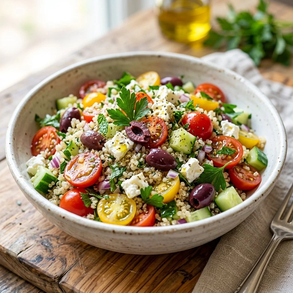 Bowl of vibrant Mediterranean Quinoa Salad with fresh vegetables and herbs