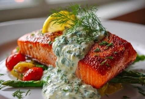 Plate of Mediterranean Salmon topped with Zesty Lemon Dill Yogurt.