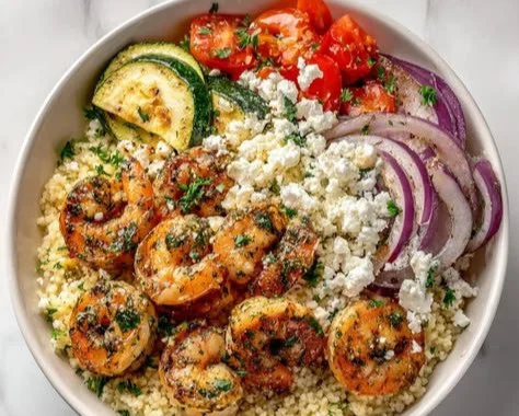 Mediterranean shrimp dish served with fresh vegetables and herbs