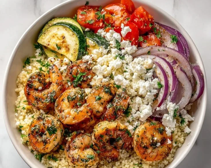 Mediterranean shrimp dish served with fresh herbs and spices