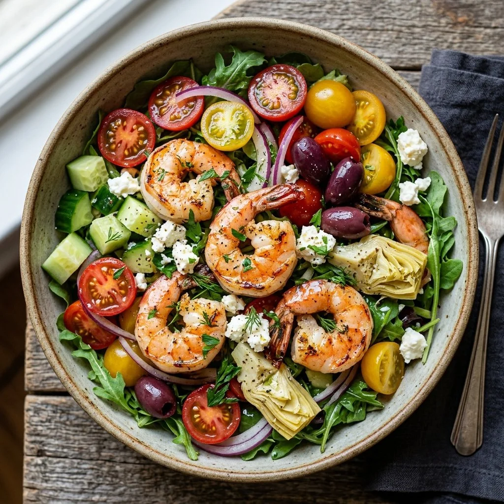 Mediterranean shrimp salad with fresh vegetables and herbs