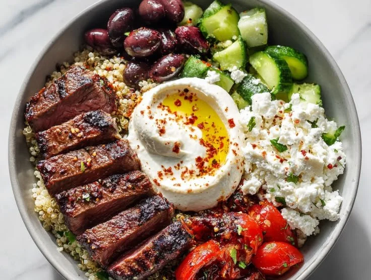 Mediterranean Steak Bowl recipe with fresh ingredients and vibrant flavors.