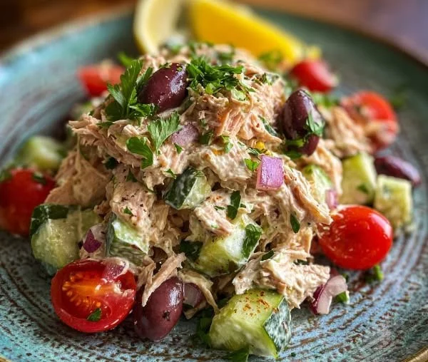 Mediterranean Tuna Salad with fresh vegetables and olive oil dressing