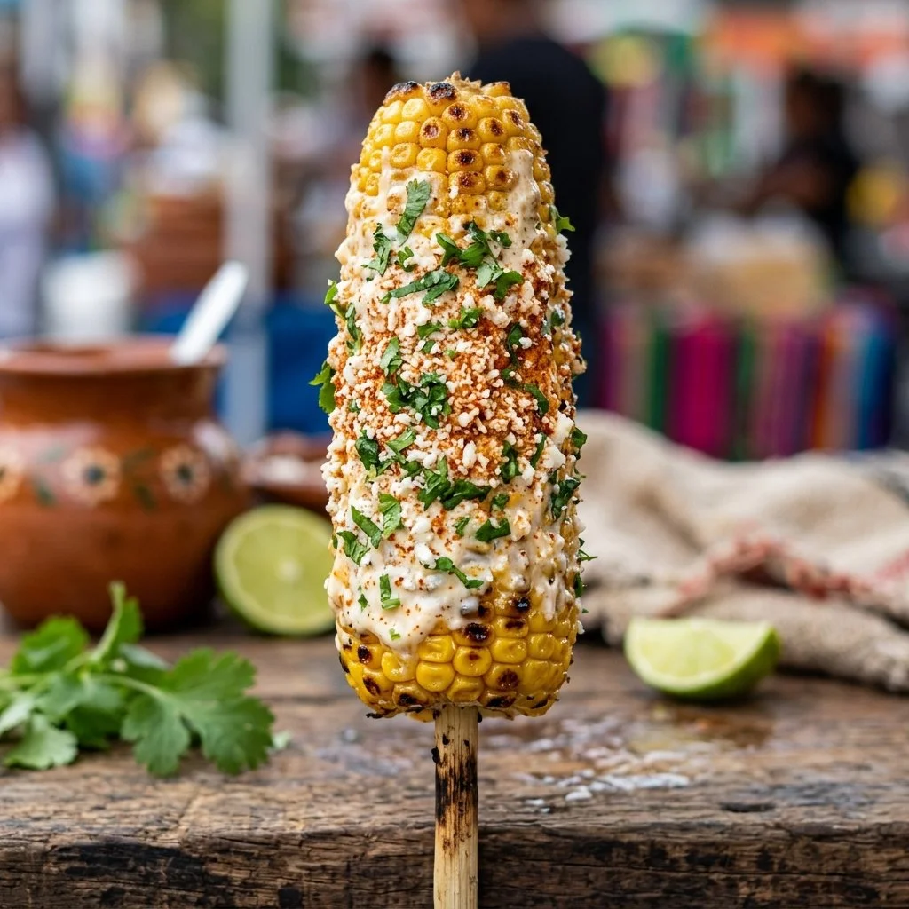Delicious Mexican Street Corn served with cheese and spices