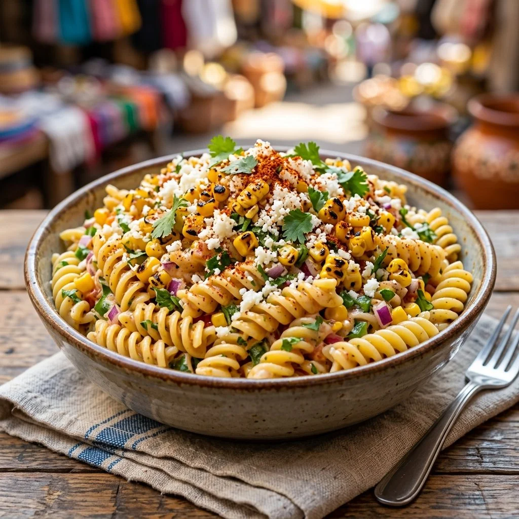 A colorful bowl of Mexican street corn pasta salad topped with fresh herbs and lime.