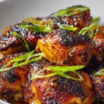 Plate of Miso Chicken Thighs garnished with herbs and served with rice