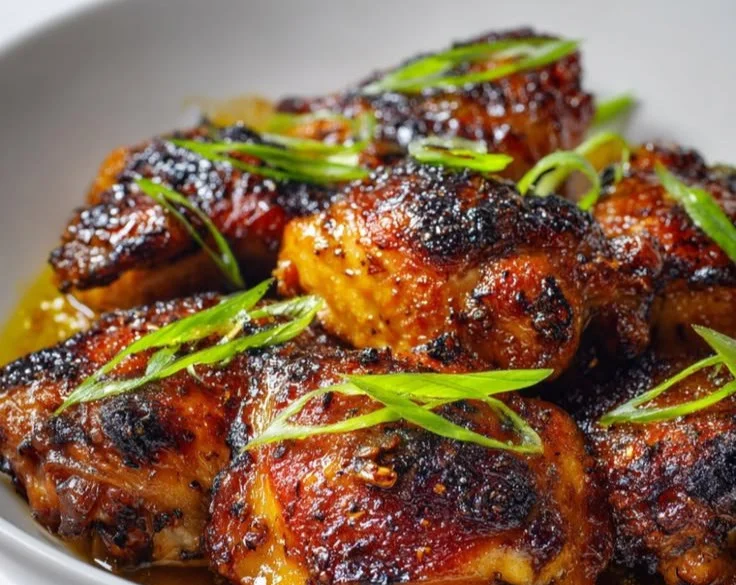 Plate of Miso Chicken Thighs garnished with herbs and served with rice