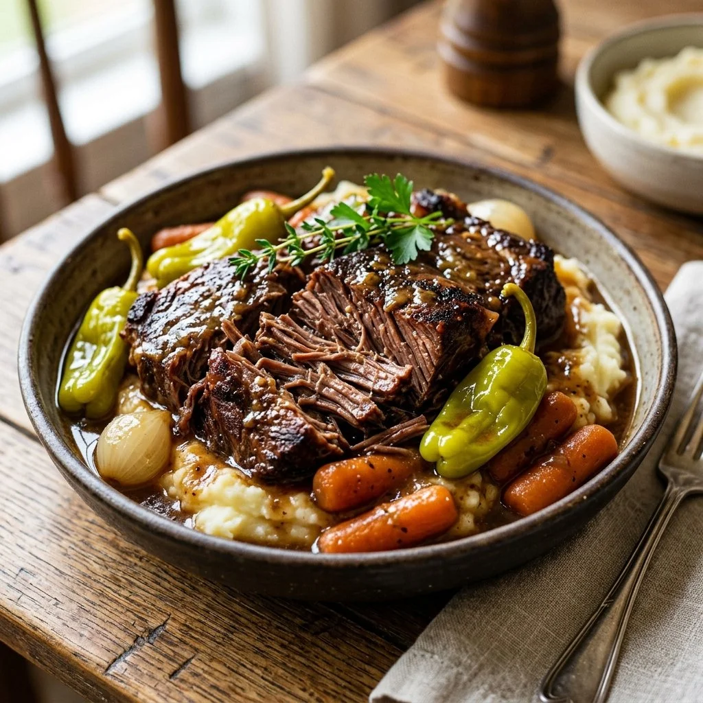 Delicious Mississippi Pot Roast served with vegetables on a rustic table