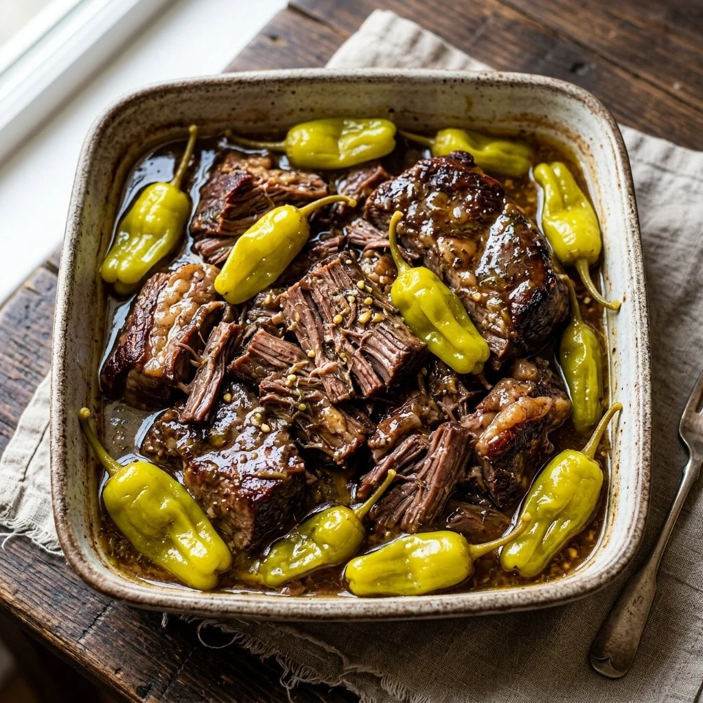 Delicious Mississippi Pot Roast served with vegetables and herbs