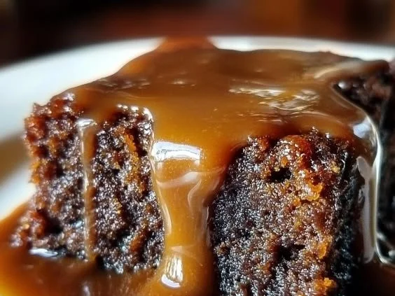 Deliciously moist gooey sticky toffee pudding served on a plate