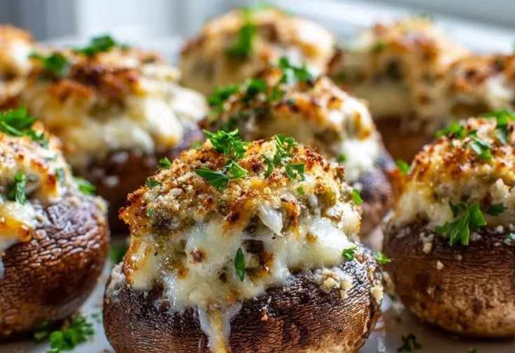Mozzarella popper stuffed mushrooms with cheddar and spices, ready to serve.
