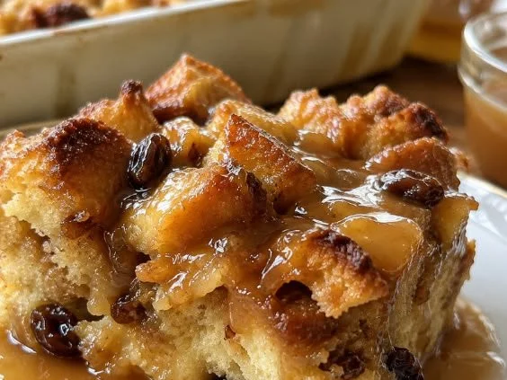 Delicious New Orleans bread pudding with a creamy vanilla sauce