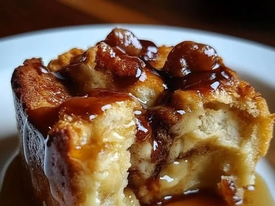 Delicious New Orleans bread pudding topped with rich bourbon sauce