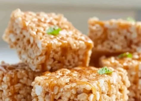No-Bake Apple Pie Rice Krispie Treats stacked on a plate