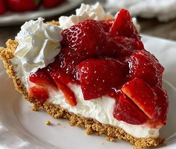No-bake strawberry pie with fresh strawberries and whipped cream topping