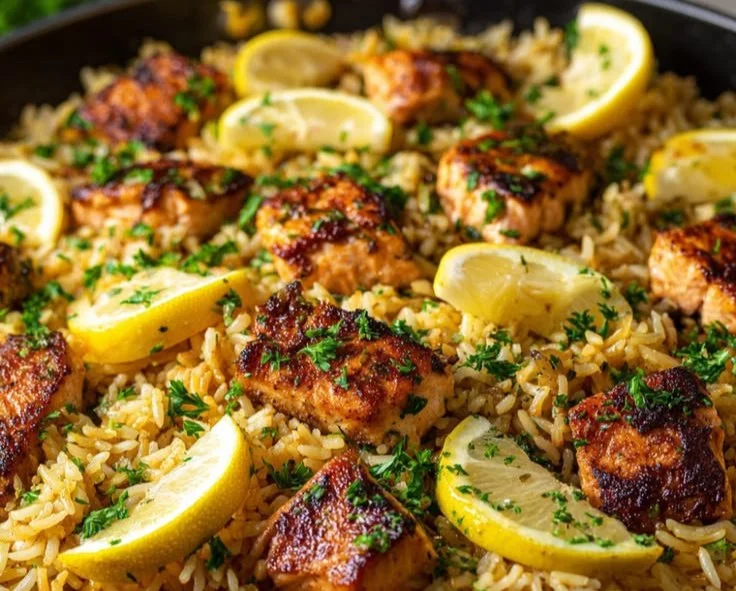 Delicious one-pot salmon and rice dish cooked in 30 minutes for a healthy meal.