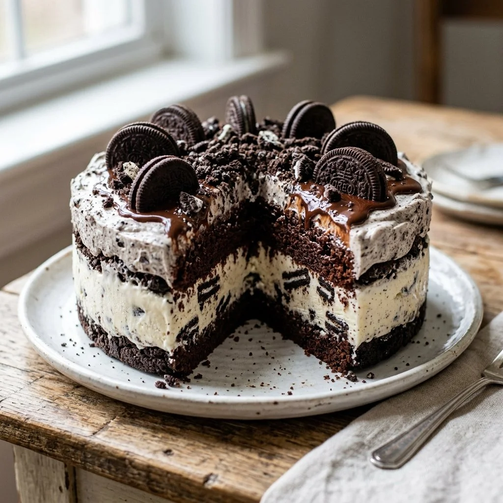 Delicious Oreo Ice Cream Cake with chocolate and cream layers