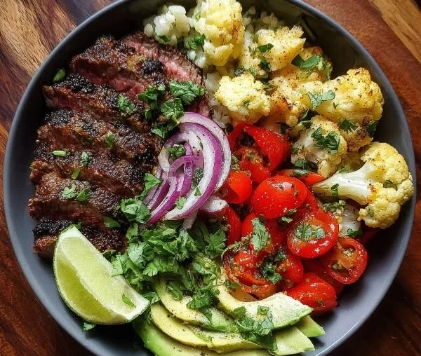 Delicious Paleo Carne Asada Bowl filled with tender meat and fresh toppings.