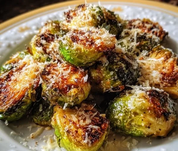 Bowl of crispy Parmesan Roasted Brussels Sprouts garnished with herbs