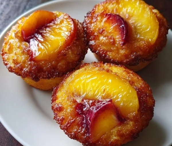 Freshly baked Peach Upside-Down Cupcakes with juicy peaches on top.