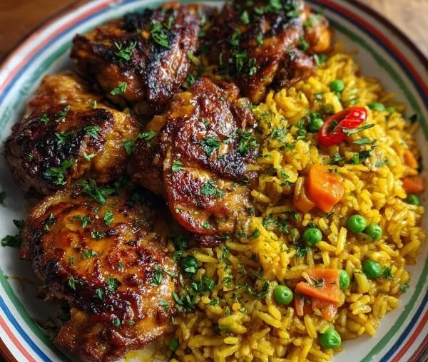 Plate of Peruvian Chicken served with rice and spices