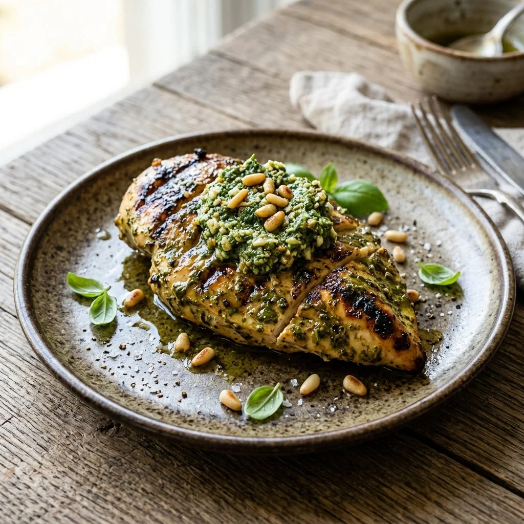 Pesto grilled chicken served with fresh vegetables on a plate